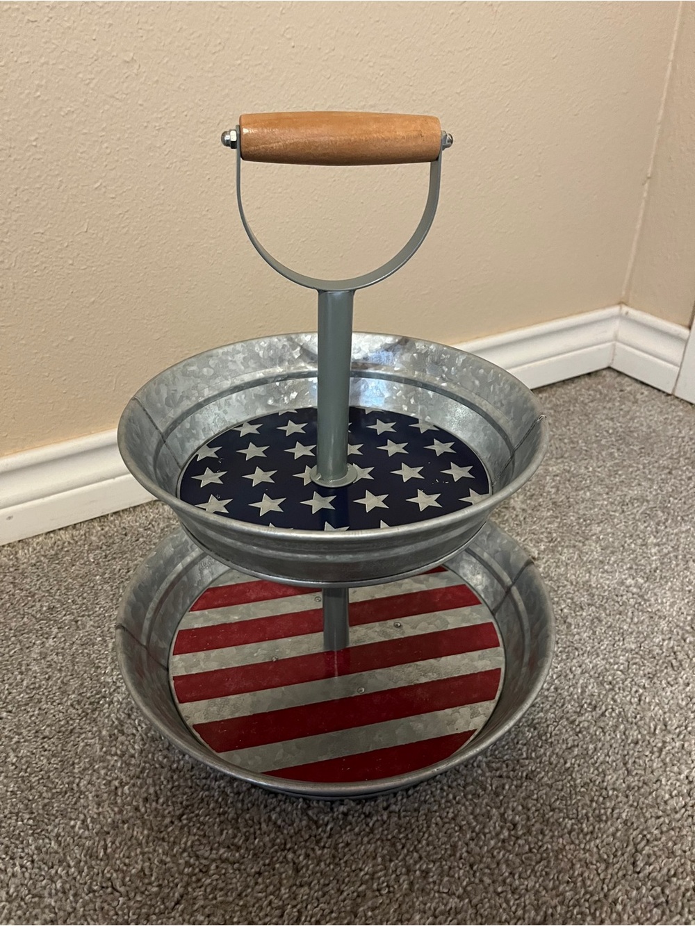 Galvanized Metal Two-Tier Stand with Red & Blue Flag Accents Wooden Handle